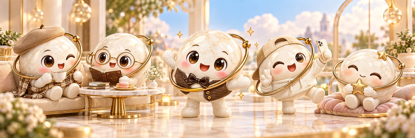 Cream-marble orb mascots with gold orbit rings relaxing in a sunlit lounge